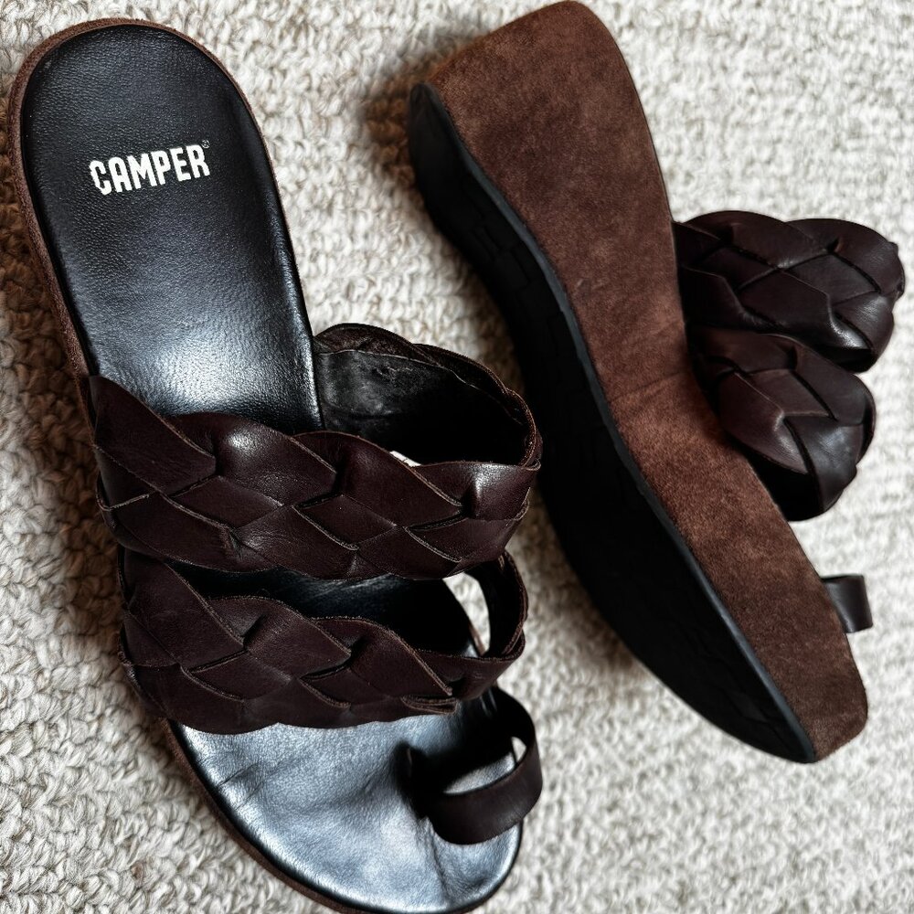 Camper - platform sandal, brown braided leather and suede